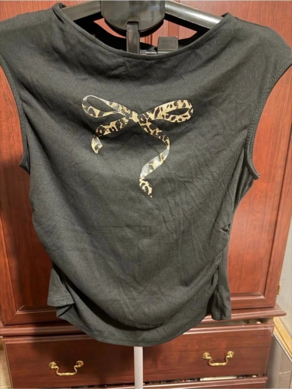 Cider Black Ribbed Tank with Leopard-Print Bow Accent NWT XL